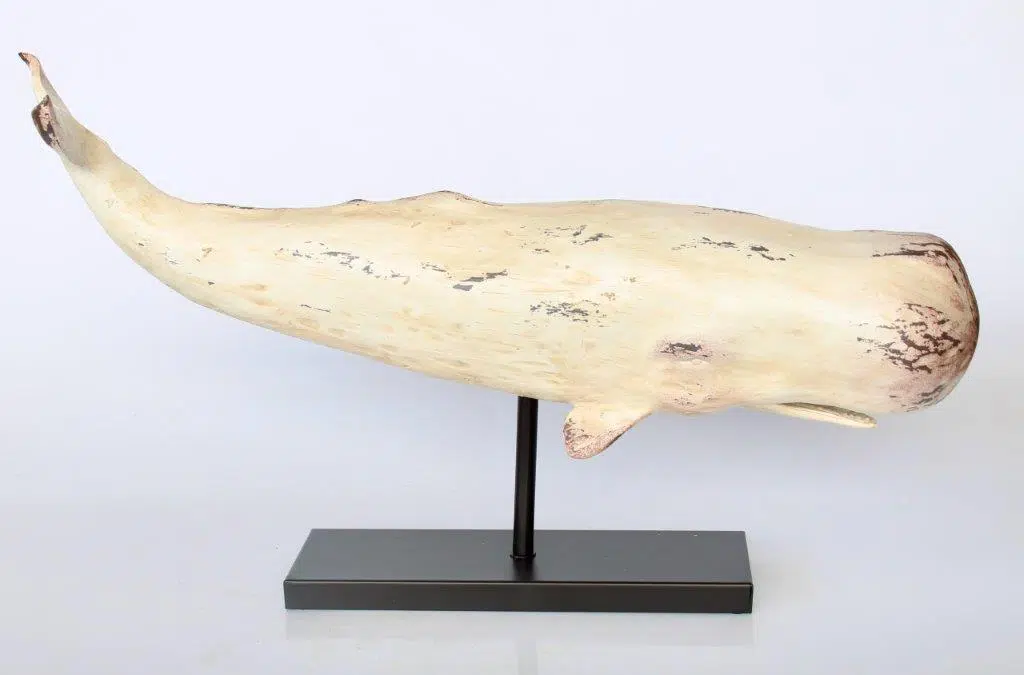 WHITE DISTRESSED WHALE ON STAND - 44X75X16CM